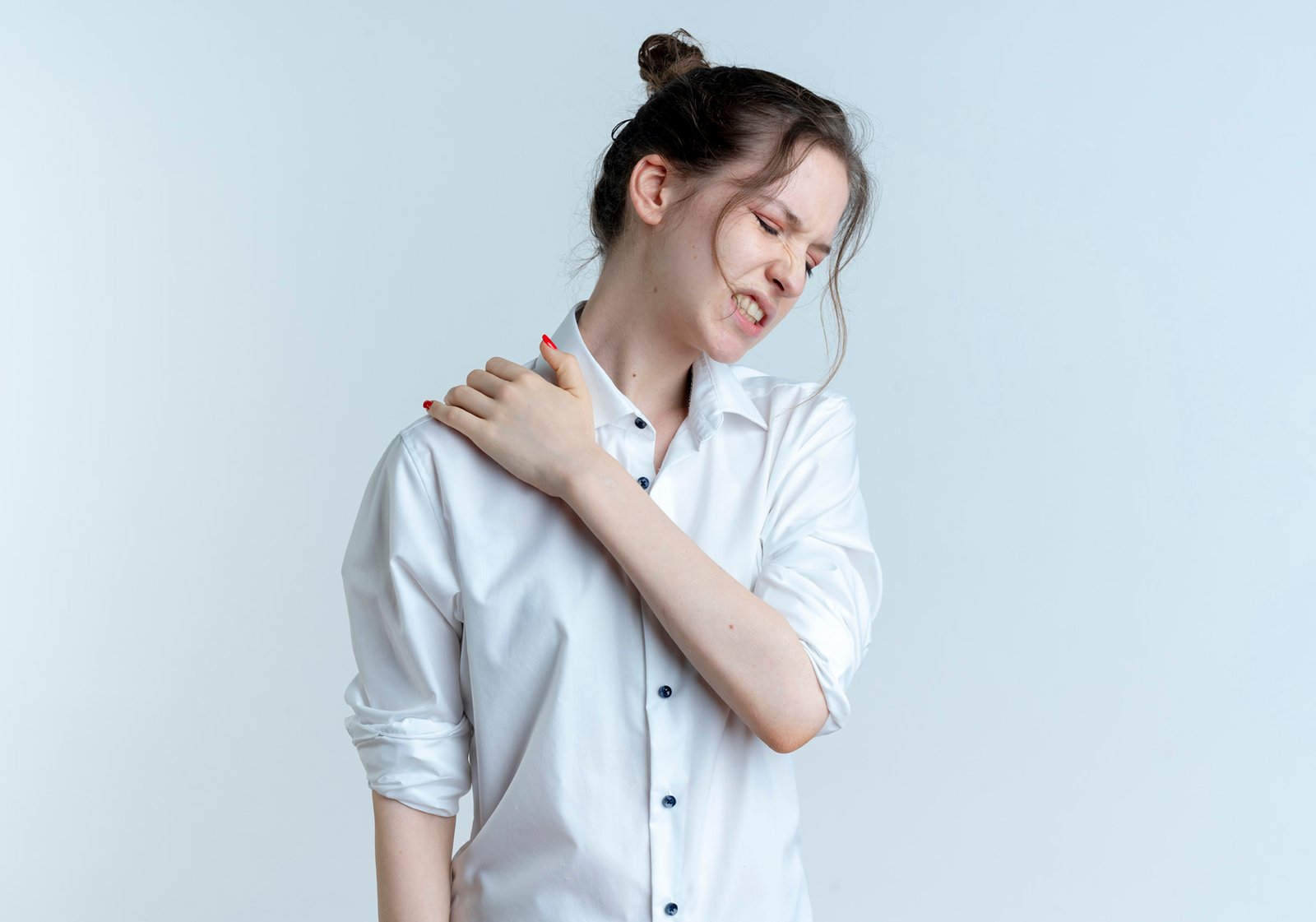 young aching blonde russian girl holds shoulder isolated on white background with copy space